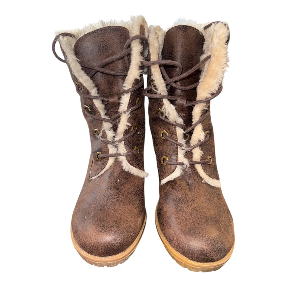 Dolce by Mojo Moxy Winter Wedge Boots, Faux Fur Lined, Brown Leather, Size 9